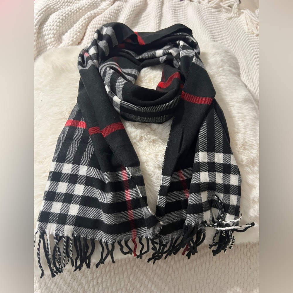 Black and White Plaid Scarf with Red Accents